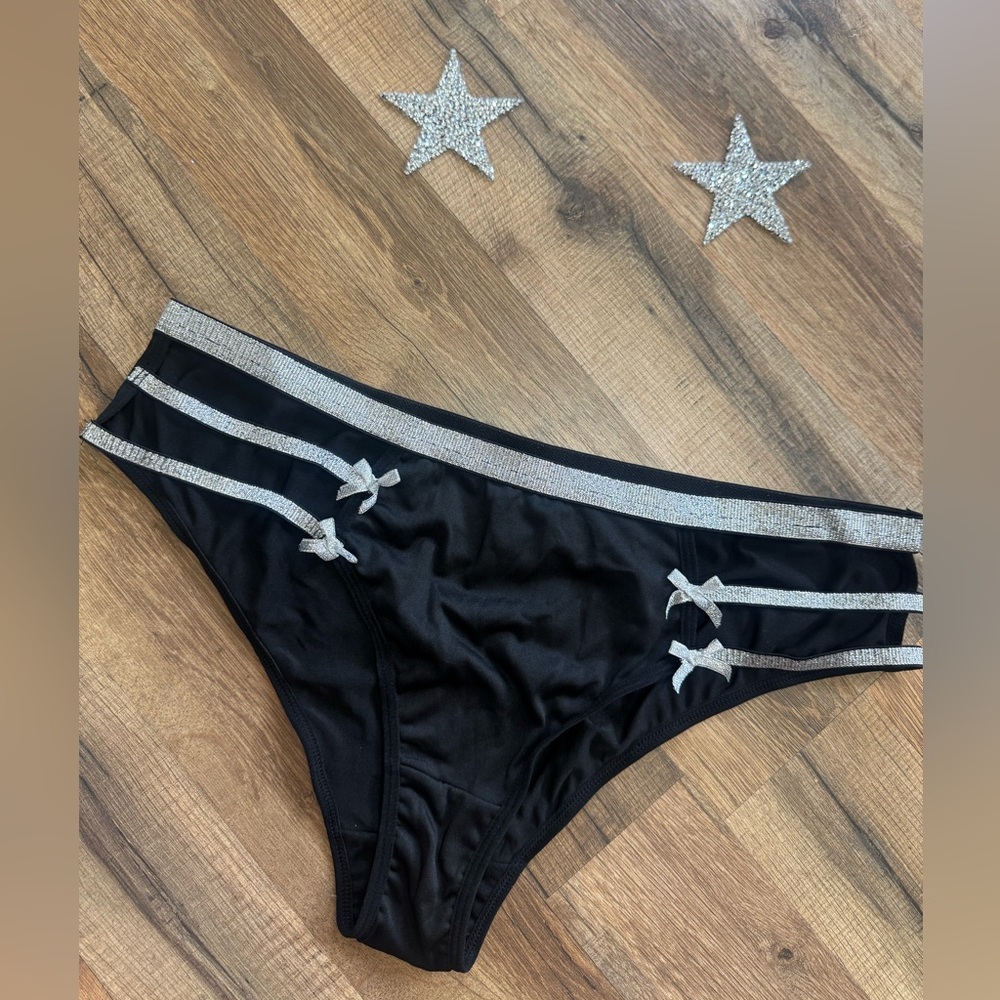 SHEIN Black Panties Silver Metallic Glitter Strappy Bows Star Pasties Set 2XL